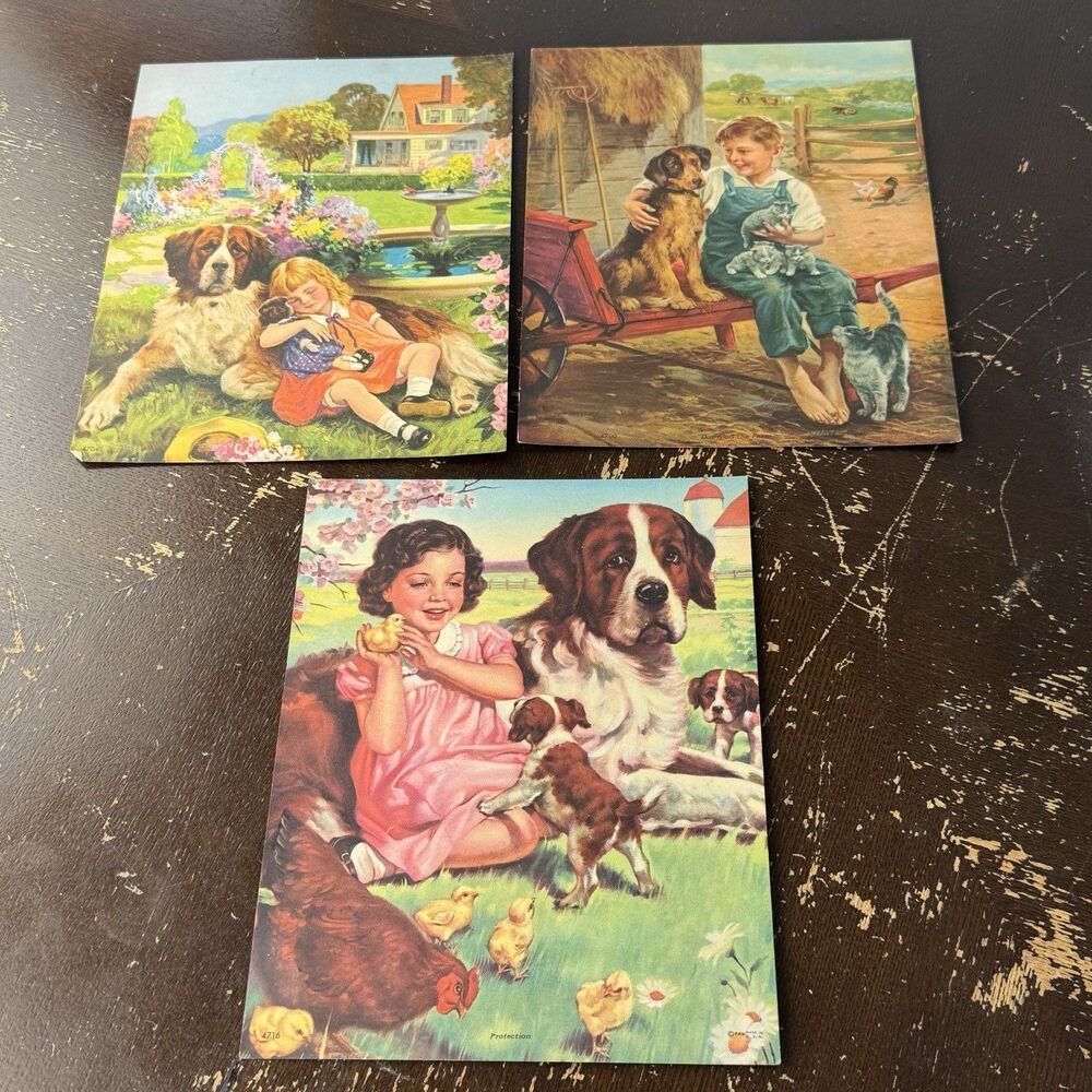 Vintage Lithograph Print Lot “Down On The Farm” “Protection” “Security” Colorful